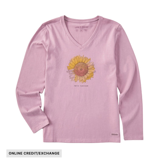 Pink long-sleeve V-neck shirt with a sunflower graphic and 'hello sunshine' text.