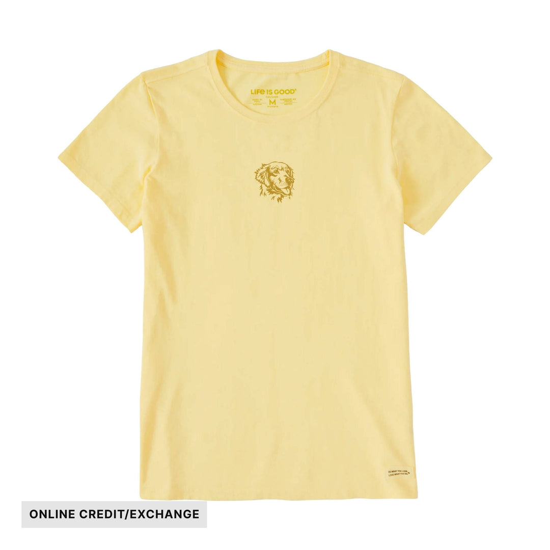 Pale yellow short-sleeve T-shirt with a small dog graphic on the chest and a black "ONLINE CREDIT/EXCHANGE" label