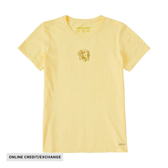 Pale yellow short-sleeve T-shirt with a small dog graphic on the chest and a black "ONLINE CREDIT/EXCHANGE" label