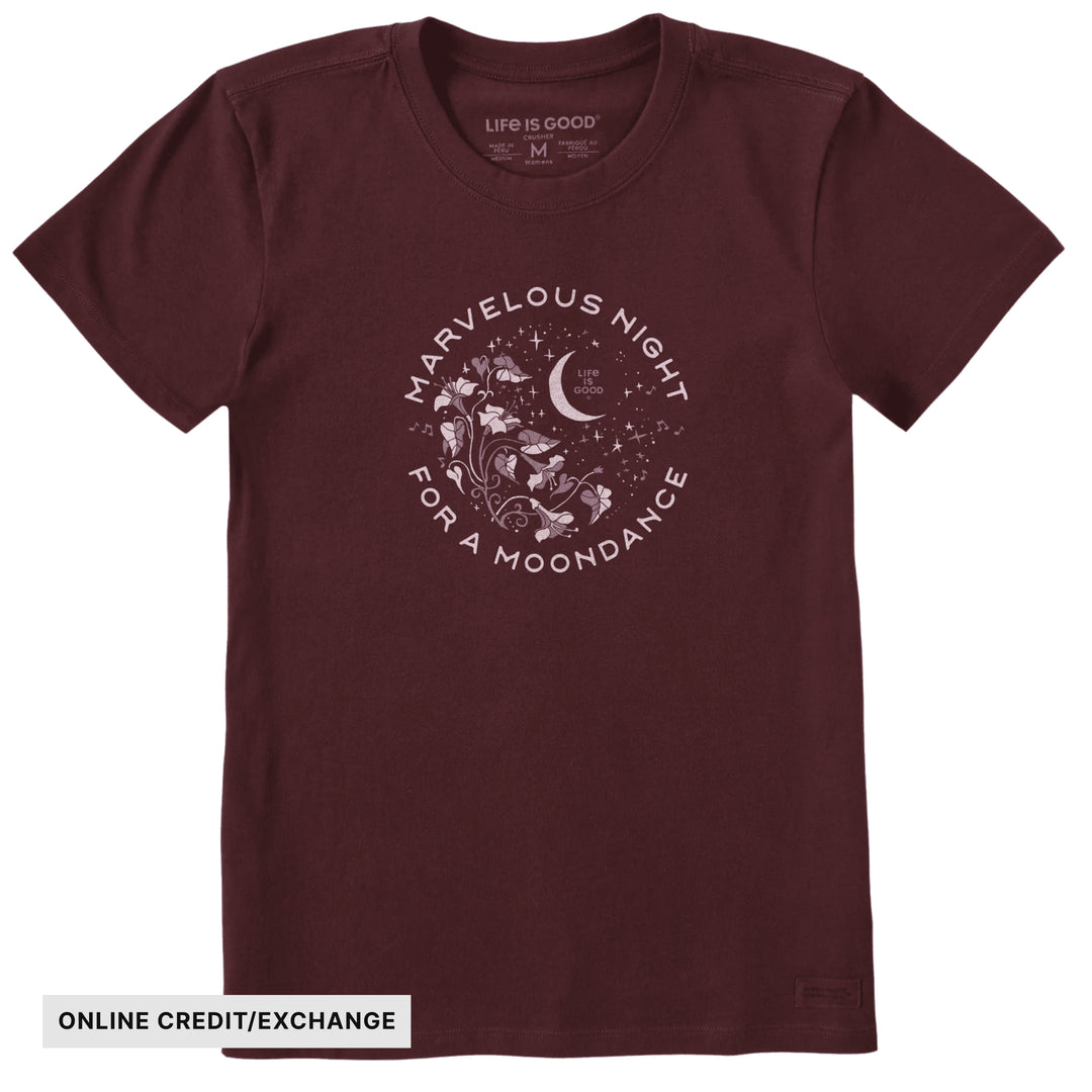 Deep burgundy women’s T-shirt with a moon-and-flowers graphic and the text “Marvelous Night for a Moondance.”
