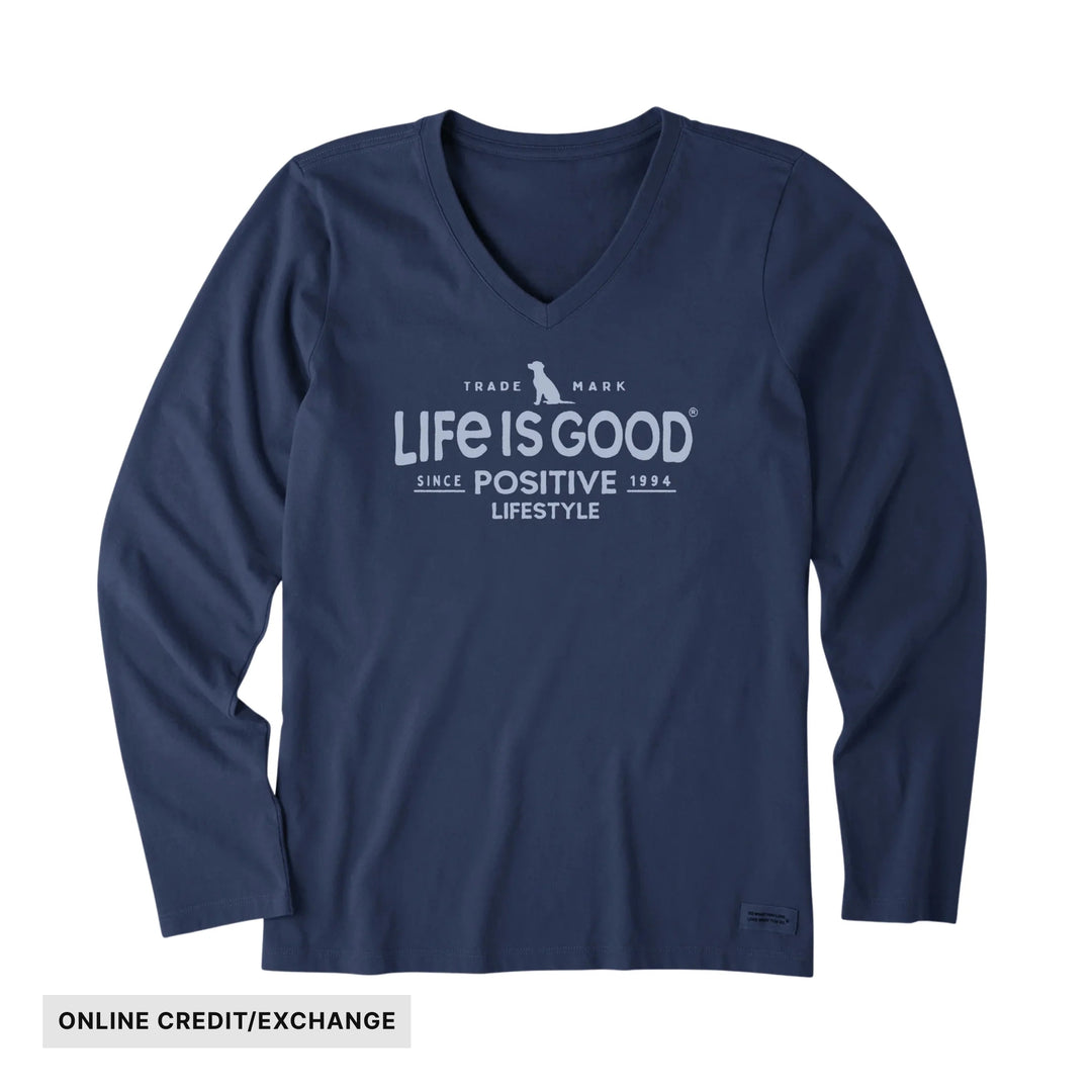 Navy long-sleeve V-neck shirt with LIFE IS GOOD graphic and ONLINE CREDIT/EXCHANGE label