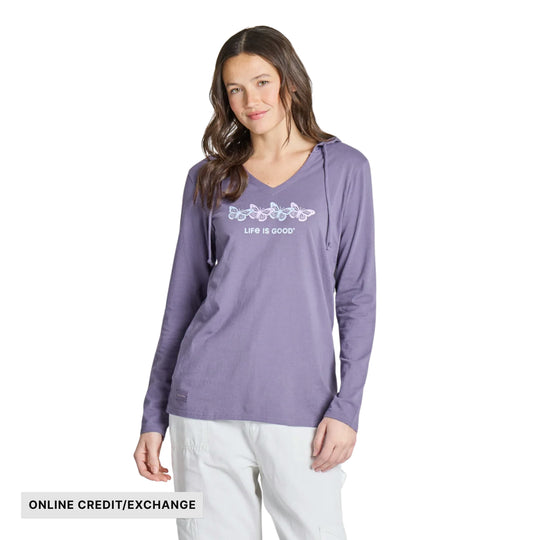 Life Is Good Women's Rally Butterflies Long Sleeve Crusher-LITE Hooded Tee - Dusk Purple - ONLINE CREDIT/EXCHANGE - Lenny's Shoe & Apparel