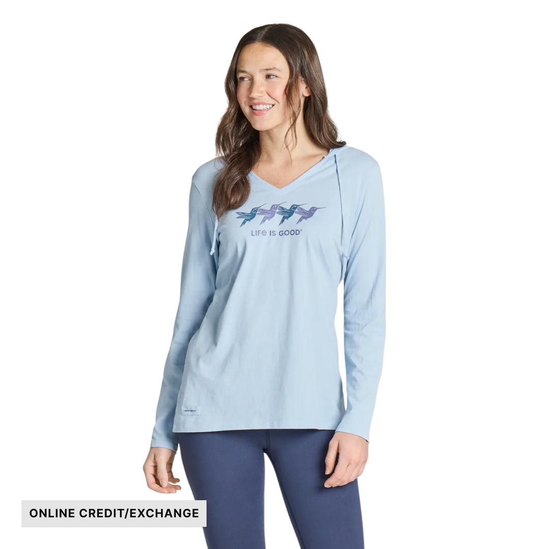 Life Is Good Women's Rally Hummingbirds Long Sleeve Crusher-LITE Hooded Tee - Glacier Blue - ONLINE CREDIT/EXCHANGE - Lenny's Shoe & Apparel
