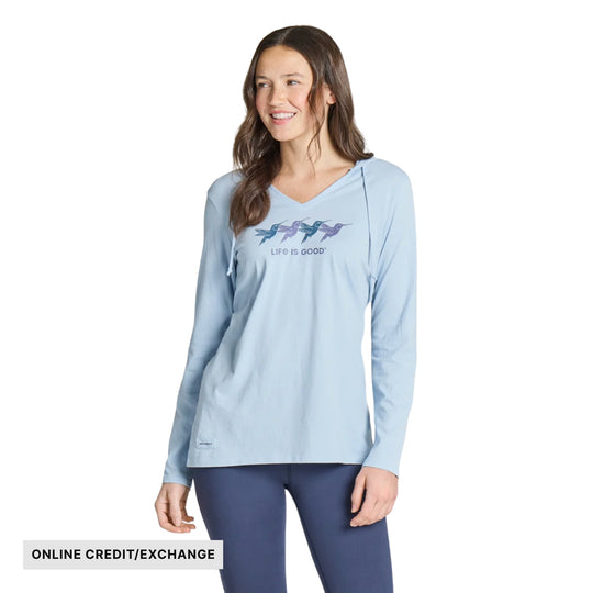 Life Is Good Women's Rally Hummingbirds Long Sleeve Crusher-LITE Hooded Tee - Glacier Blue - ONLINE CREDIT/EXCHANGE - Lenny's Shoe & Apparel