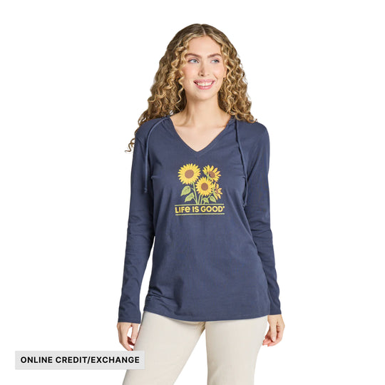 Life Is Good Women's Sunflower Field Long Sleeve Crusher-LITE Hooded Tee - Inkwell Blue - ONLINE CREDIT/EXCHANGE - Lenny's Shoe & Apparel