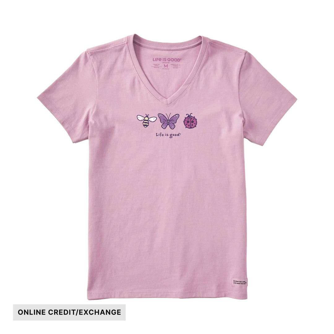 Pink V-neck T-shirt with bee, butterfly, and ladybug graphic and Life is good text