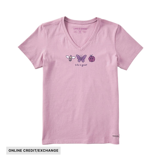 Pink V-neck T-shirt with bee, butterfly, and ladybug graphic and Life is good text