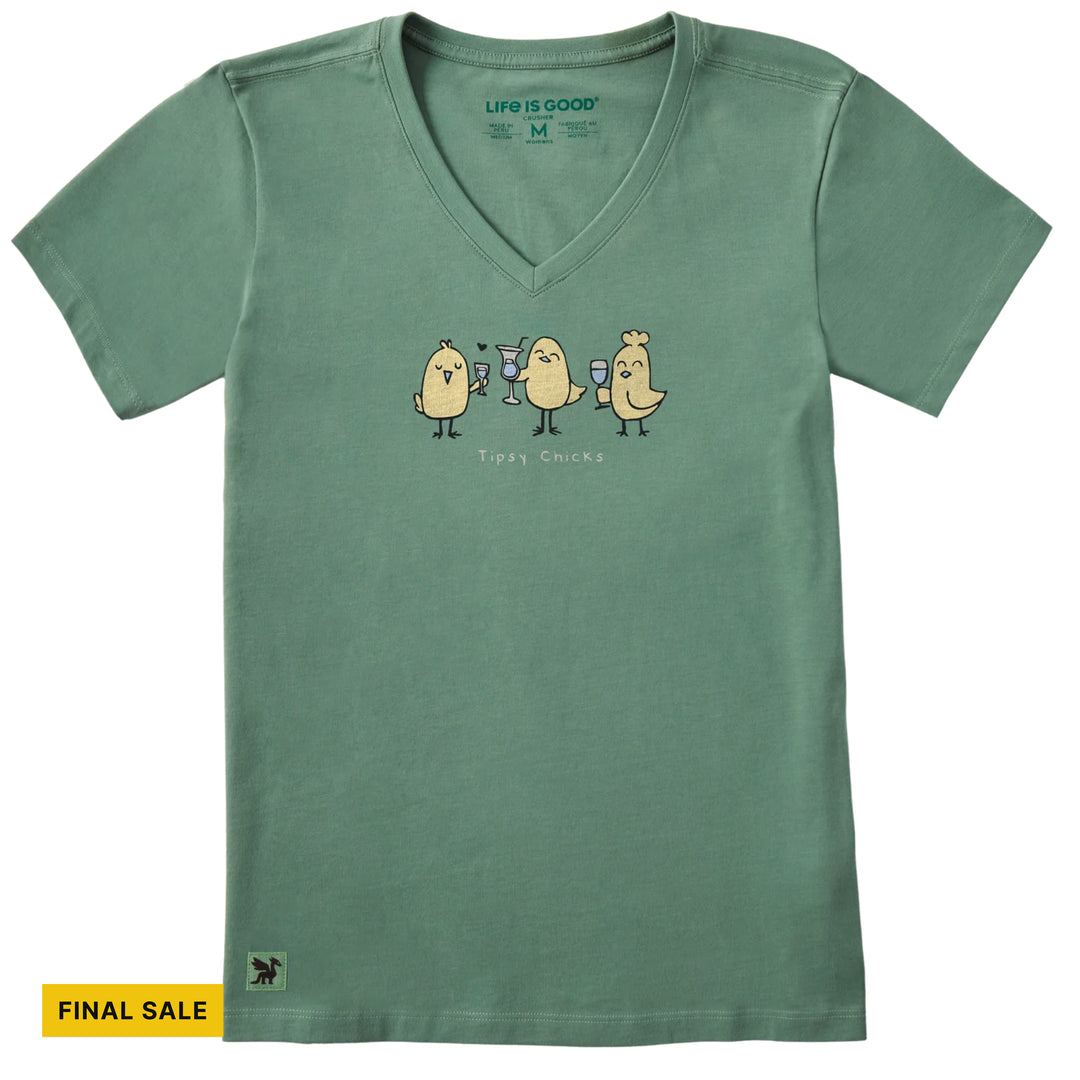 Life Is Good Women's Three Tipsy Chicks Short Sleeve Crusher Lite Vee - Granite Green - FINAL SALE - Lenny's Shoe & Apparel