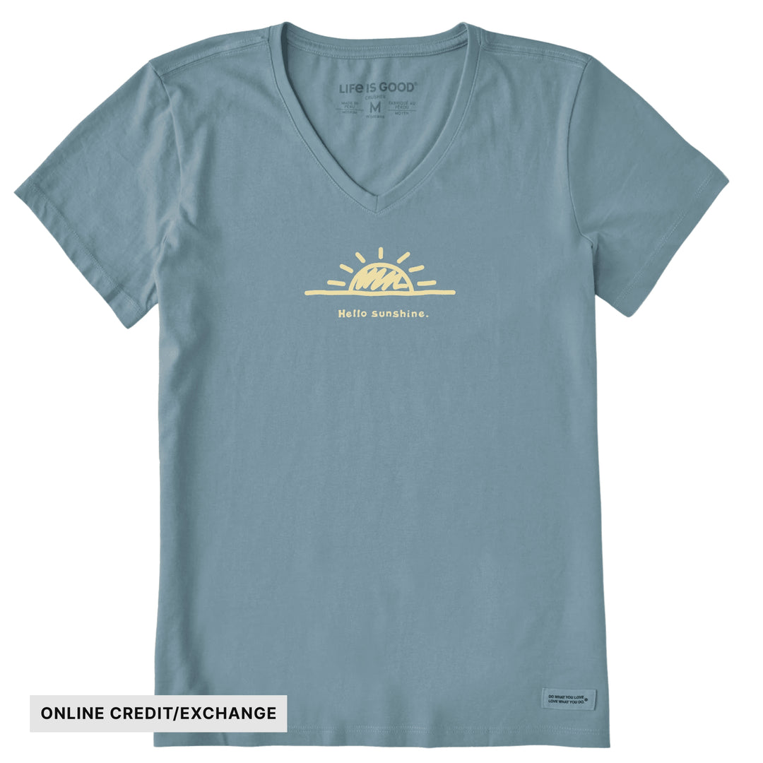 Blue V-neck T-shirt with a yellow sunrise graphic and the text “Hello sunshine.”