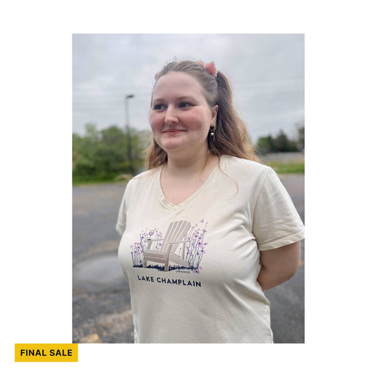 Cream V-neck T-shirt with a wildflower chair graphic and Lake Champlain text