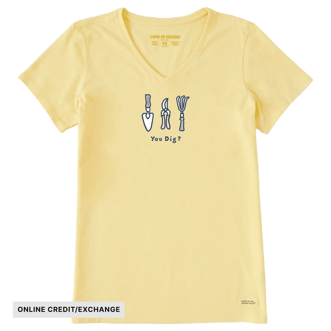 Pale yellow V-neck T-shirt with a small shovel graphic and the text "You Dig?"