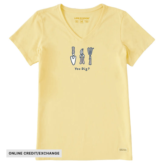 Pale yellow V-neck T-shirt with a small shovel graphic and the text "You Dig?"