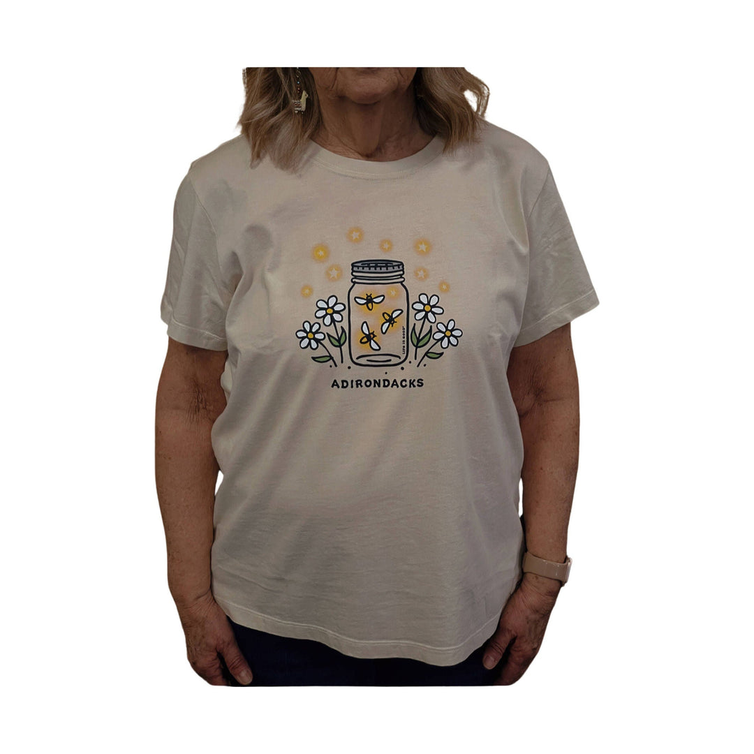 Light beige T-shirt with a jar, bees, daisies, and ADIRONDACKS printed on the front