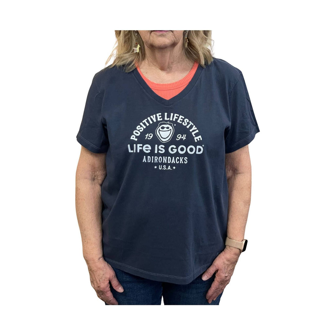 Navy V-neck T-shirt with white "Positive Lifestyle" and "Life Is Good" graphic