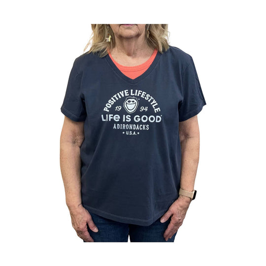 Navy V-neck T-shirt with white "Positive Lifestyle" and "Life Is Good" graphic