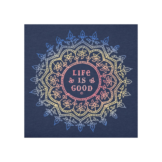 Navy graphic T-shirt with a pastel mandala design and the words "LIFE IS GOOD"