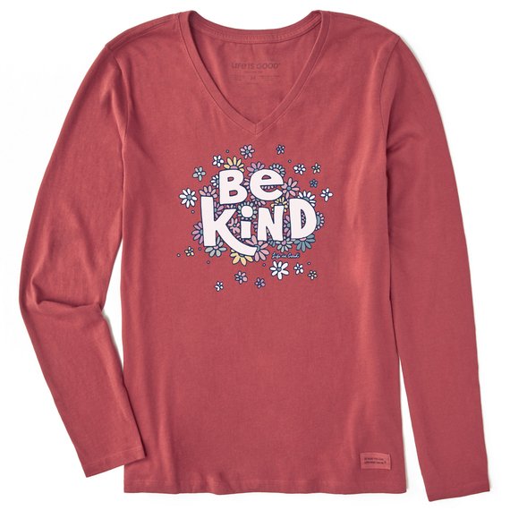 Life is Good Women's Be Kind Long Sleeve Crusher-LITE Vee - Faded Red - Lenny's Shoe & Apparel