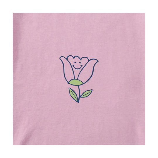 Pink short-sleeve tee with a smiling tulip graphic and green leaves.