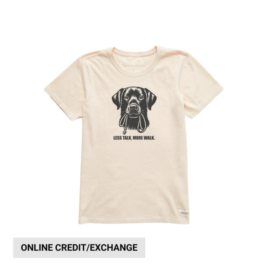 Cream short-sleeve T-shirt with a black dog graphic and the text 'LESS TALK, MORE WALK.'