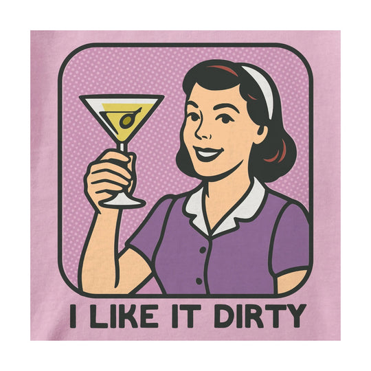 Violet graphic tee with retro woman holding a martini glass and the text “I LIKE IT DIRTY”