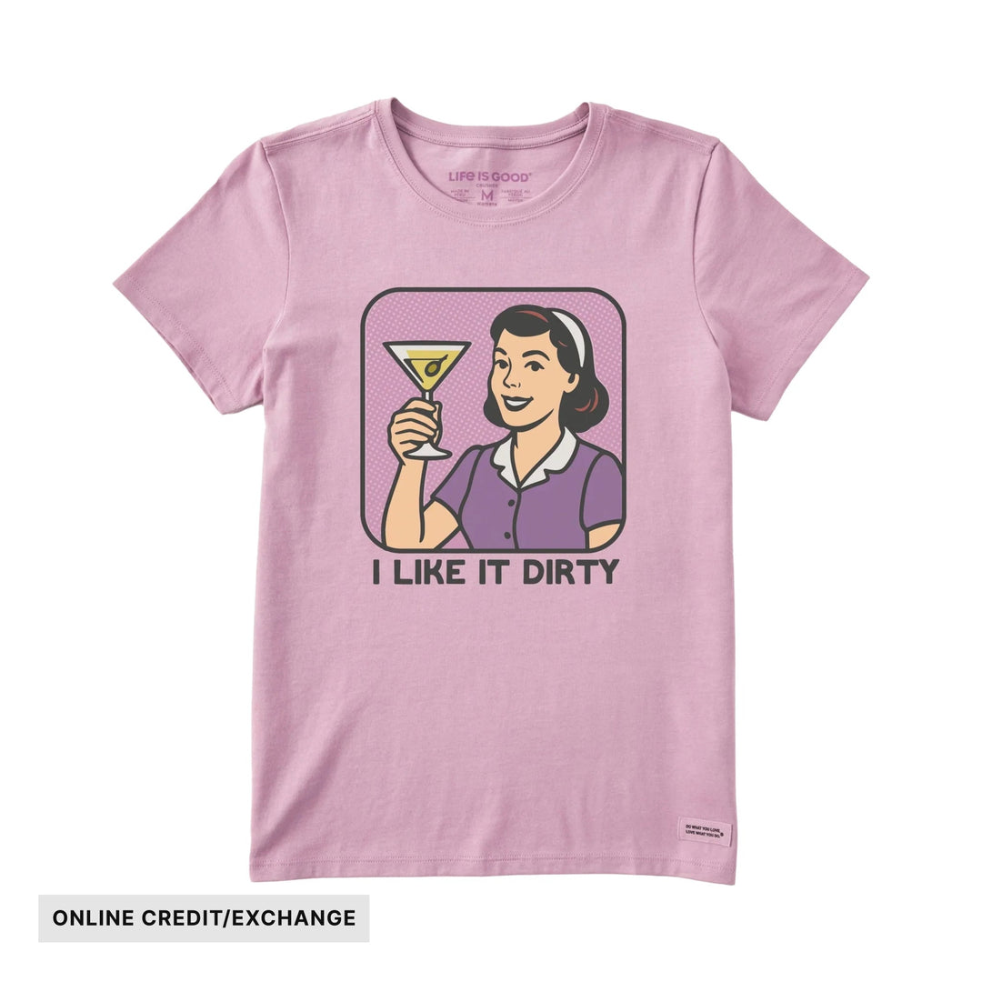 Pink short-sleeve T-shirt with a retro woman holding a martini glass and the text "I LIKE IT DIRTY"