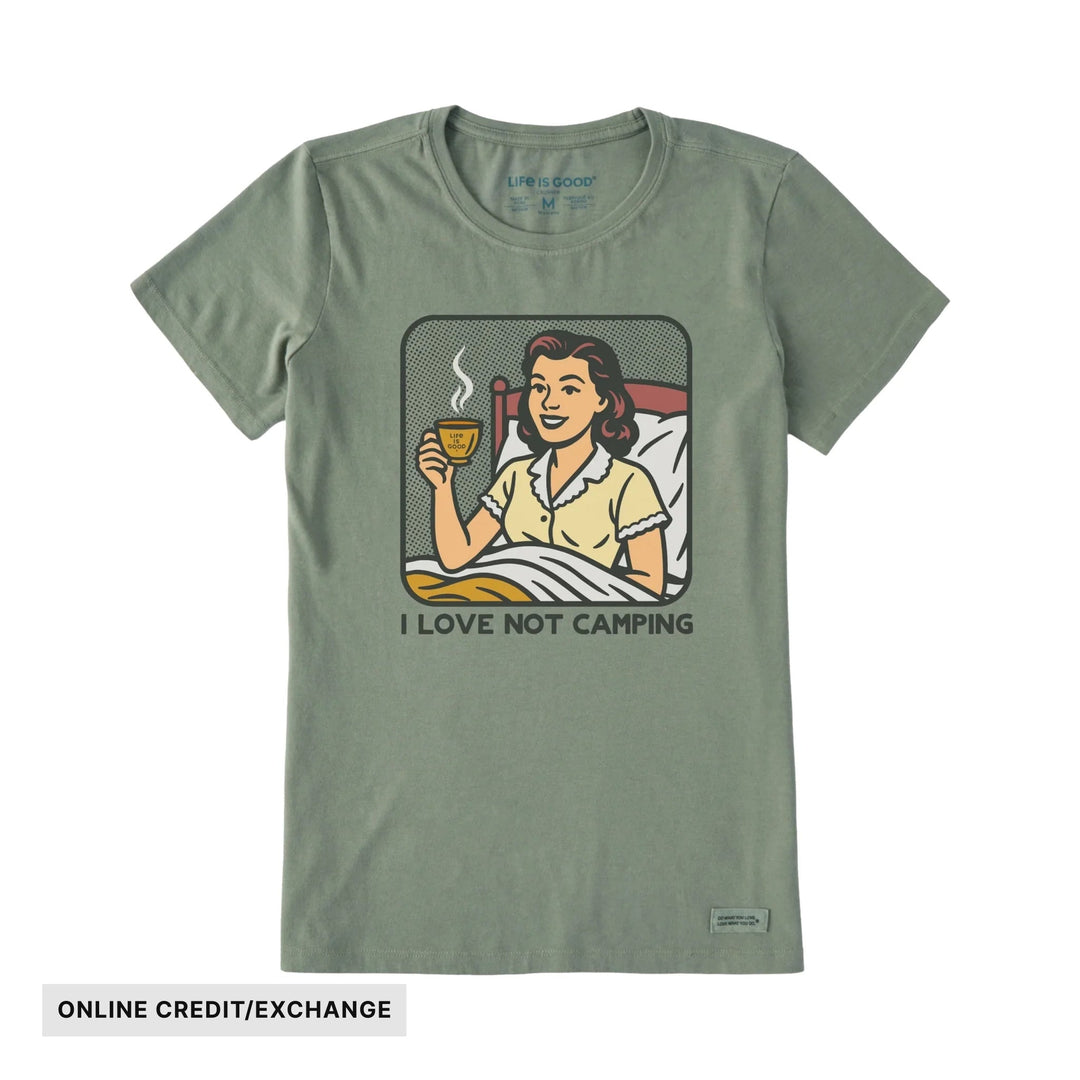 Moss green women’s graphic T-shirt with a sleeping woman holding a steaming mug and the text “I LOVE NOT CAMPING”