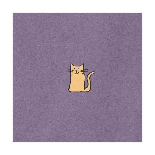 Purple T-shirt with a small smiling cat graphic centered on the chest