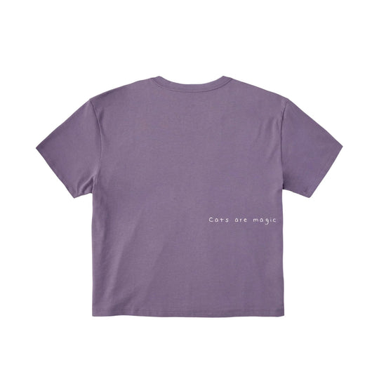 Purple short-sleeve T-shirt shown from the back with small "Cats are magic" text on lower right back