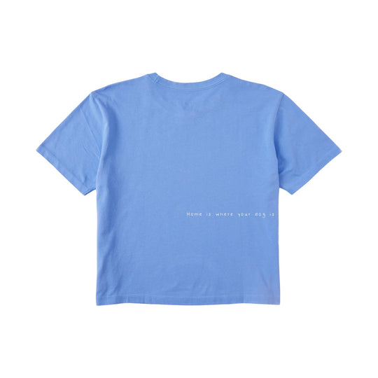 Light blue short-sleeve T-shirt shown from the back with small white text near the lower right hem.