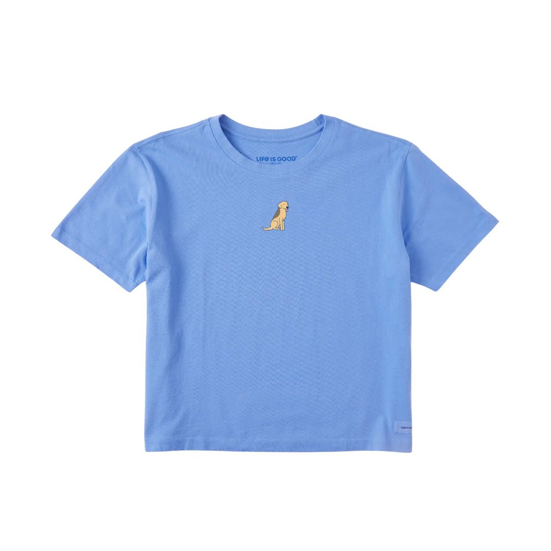 Light blue short-sleeve boxy T-shirt with a small dog graphic on the chest