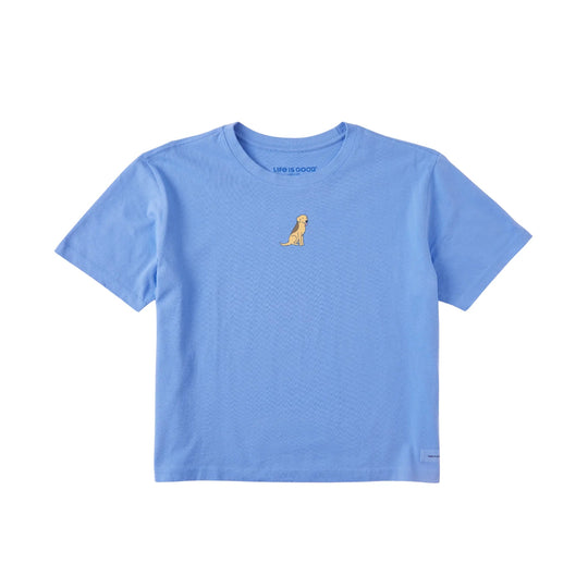 Light blue short-sleeve boxy T-shirt with a small dog graphic on the chest