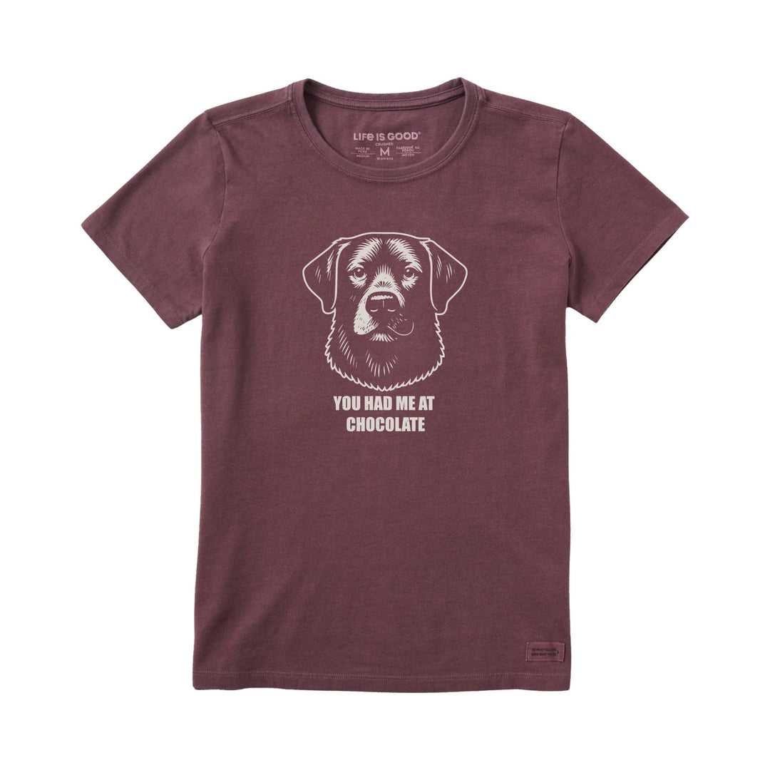 Mauve short-sleeve T-shirt with a dog graphic and the text “YOU HAD ME AT CHOCOLATE”.