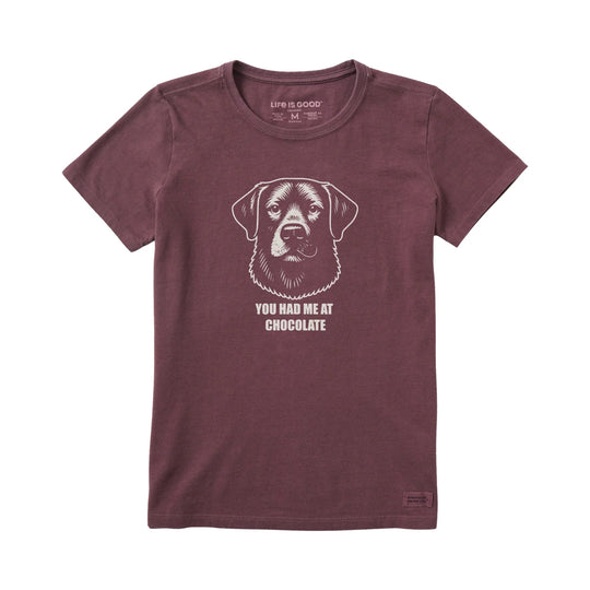 Mauve short-sleeve T-shirt with a dog graphic and the text “YOU HAD ME AT CHOCOLATE”.