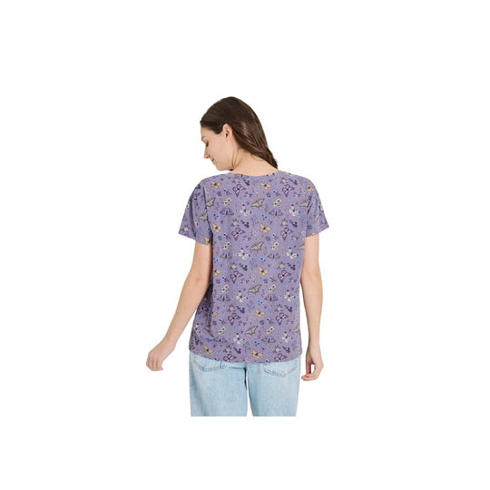 Purple butterfly-print short-sleeve V-neck T-shirt shown from the back