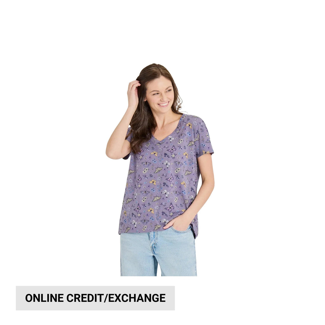 Lavender V-neck T-shirt with butterfly and floral print, shown with light blue jeans