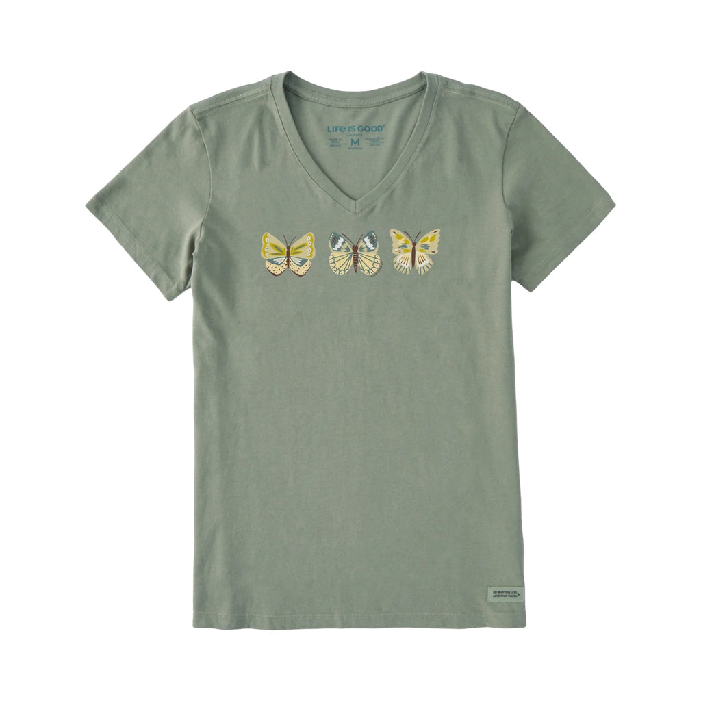 Life Is Good Women's Butterfly Lineup Short Sleeve Crusher Vee - Moss Green - Lenny's Shoe & Apparel