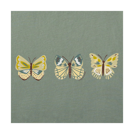 Moss green T-shirt with three butterfly graphics across the chest