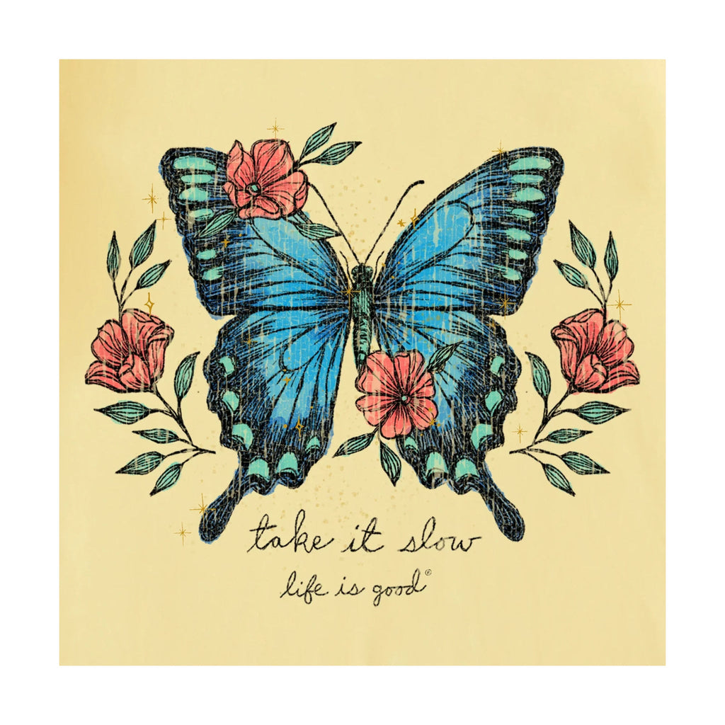 Life Is Good Women's Butterfly Take It Slow Short Sleeve Vee - Sandy Yellow - Lenny's Shoe & Apparel