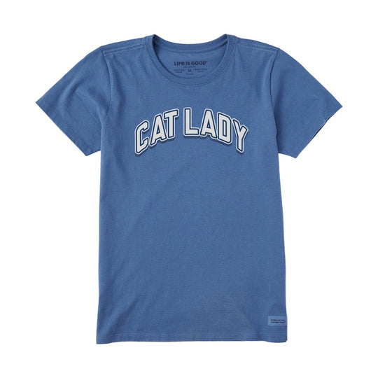 Blue women's T-shirt with arched CAT LADY graphic
