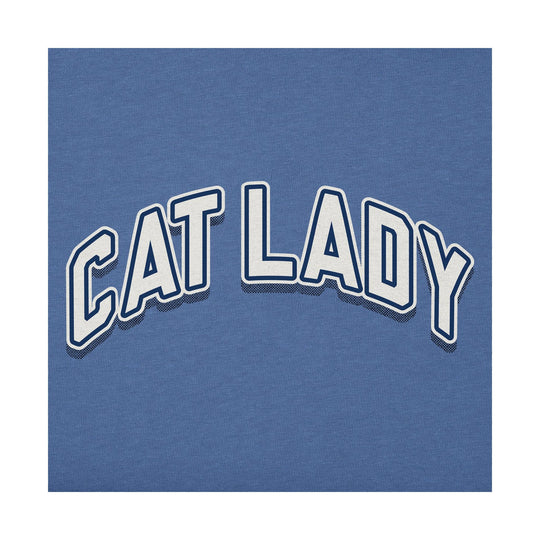 Blue T-shirt with arched “CAT LADY” graphic in white and navy outline