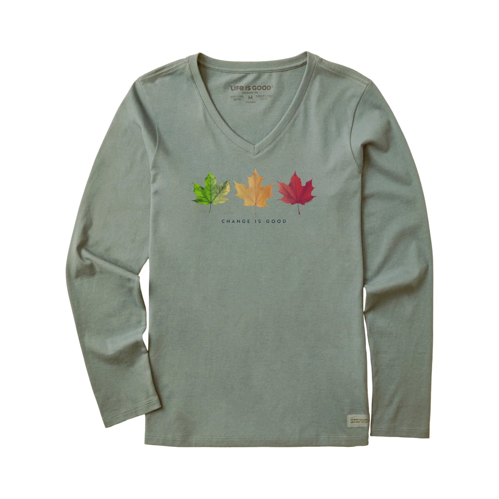 Life Is Good Women's Change Is Good Three Leaves Long Sleeve Crusher Vee - Moss Green - Lenny's Shoe & Apparel