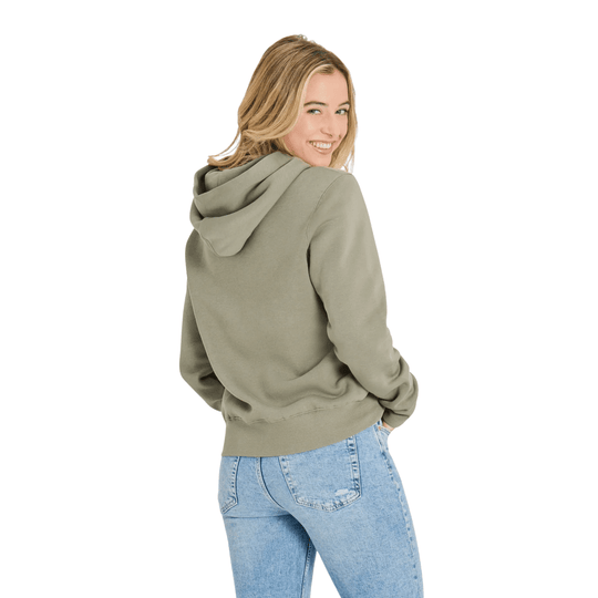Sage green fleece hoodie shown from the back with a hood and ribbed hem, worn with light wash jeans