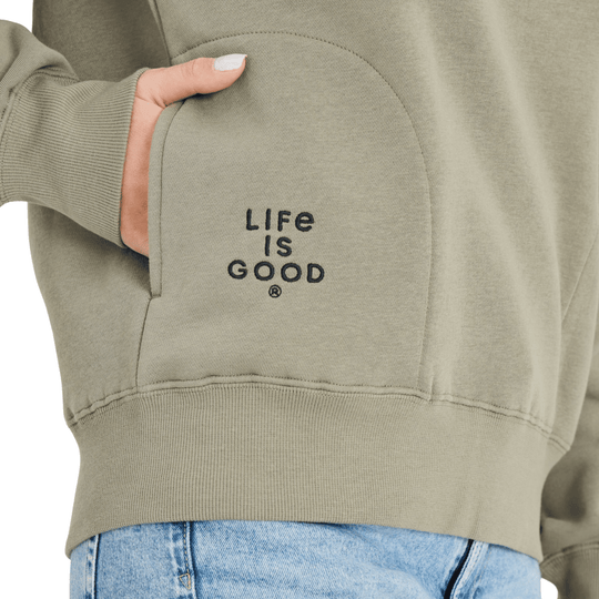 Olive hooded sweatshirt with a front pocket and "Life Is Good" graphic