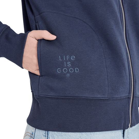 Navy zip hoodie with hand pocket and "Life Is Good" chest print