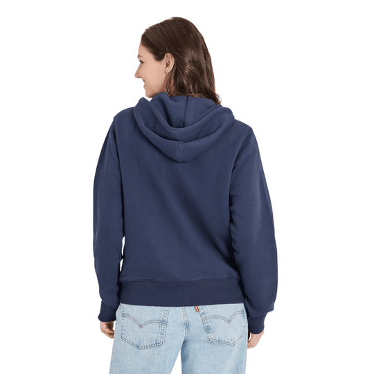 Navy blue fleece zip hoodie shown from the back on a model