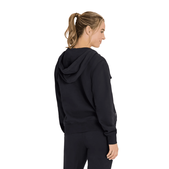 Black zip-up hoodie with a hood, ribbed cuffs, and matching black pants shown from the back