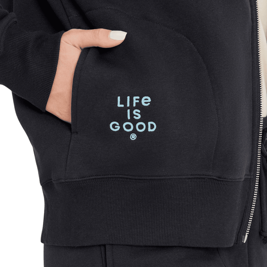 Black zip-front hooded sweatshirt with a front pocket and light blue LIFE IS GOOD® logo