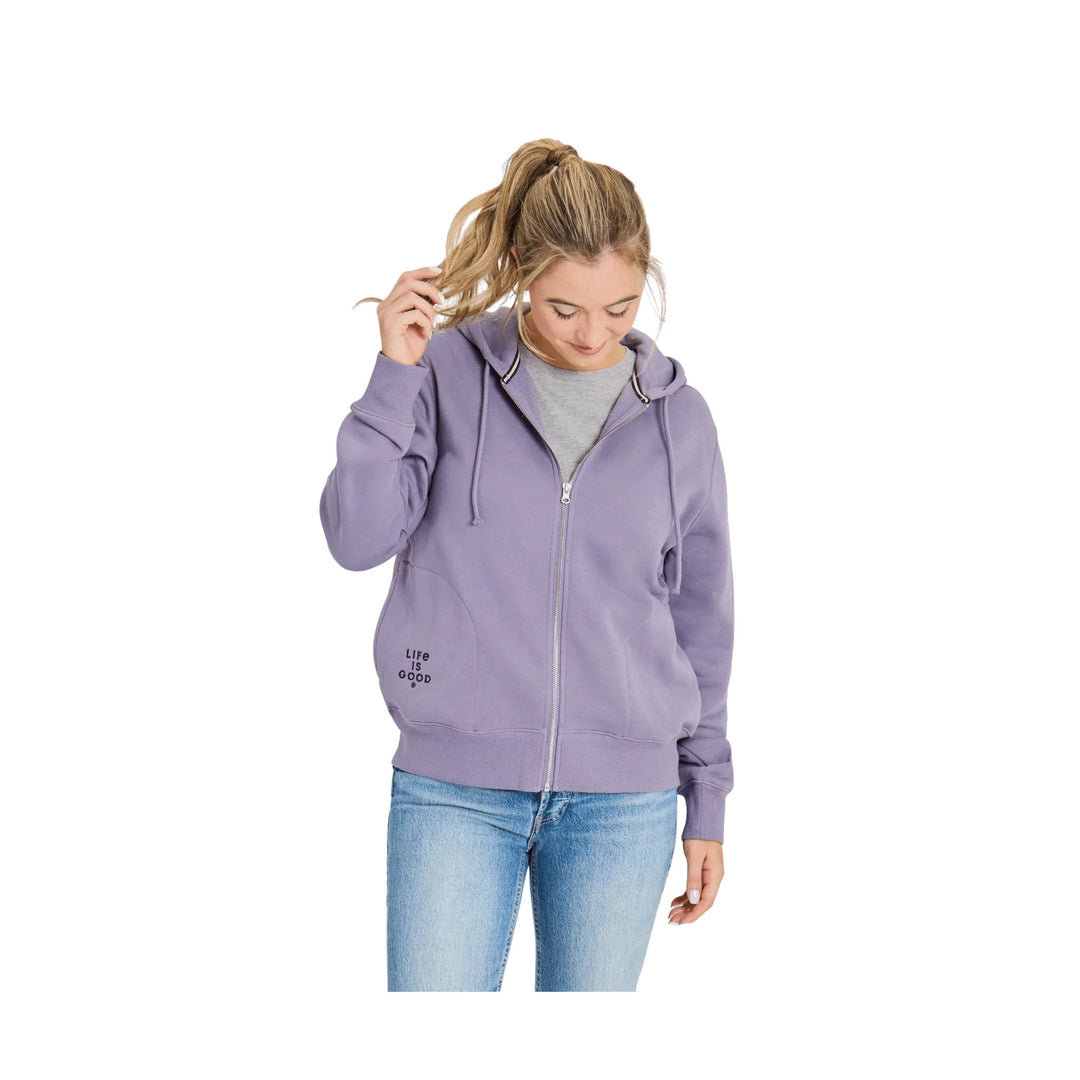 Lavender zip-up hoodie with drawstrings, worn over a gray T-shirt