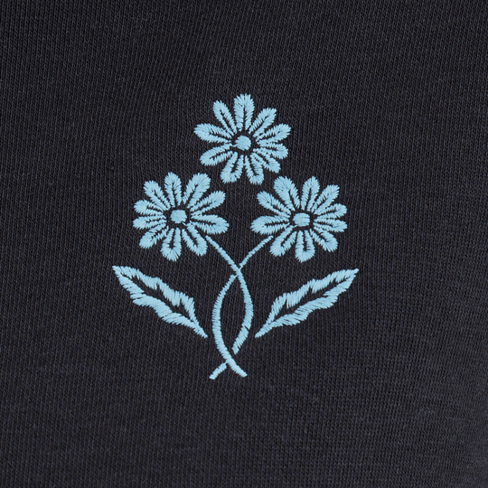 Dark hoodie with a light blue embroidered floral trio and leaves