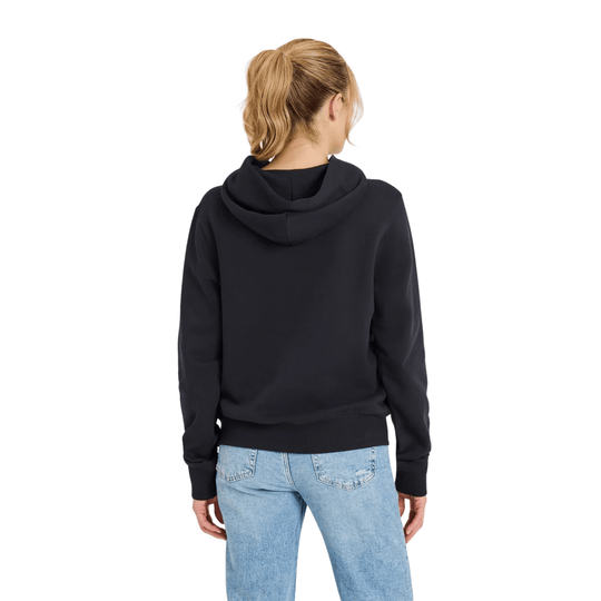 Black hooded fleece sweatshirt shown from the back